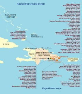 Карта Доминиканы с курортами и городами. Также указаны соседние территории